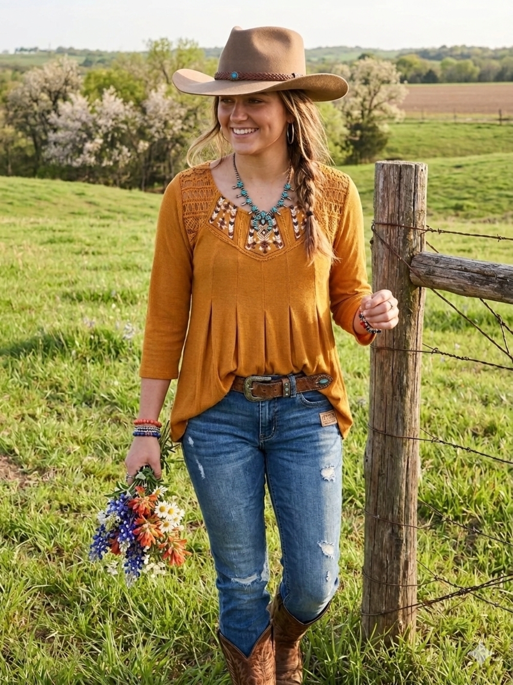 Boho Crochet Yoke Long Sleeve Top in Mustard